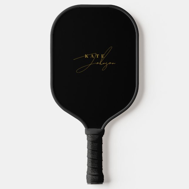 Stylish Black Gold Signature Script Monogram Pickleball Paddle (Front)
