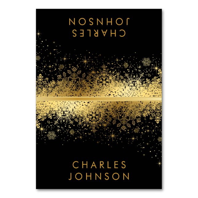 Stylish Black & Gold Snowflakes | Place Cards (Front)