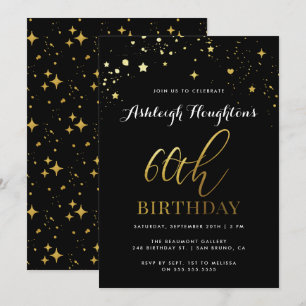 Stylish Black & Gold Star Confetti 60th Birthday Invitation