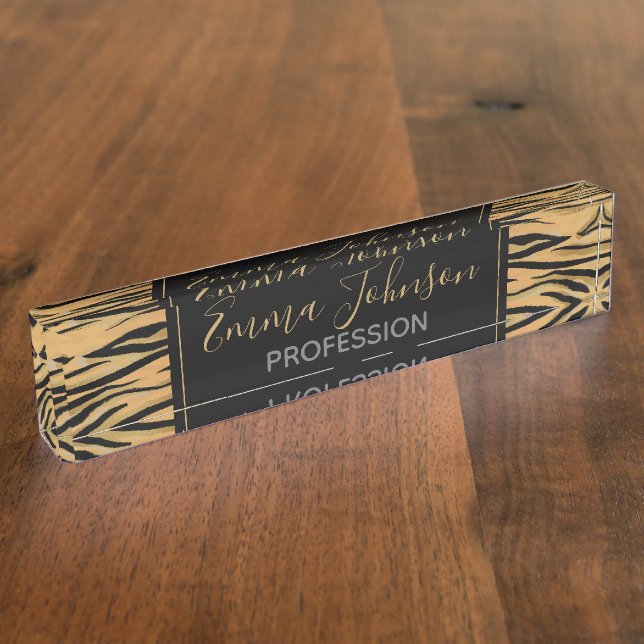 Stylish Black Gold Tiger Animal Print Nameplate (Side)