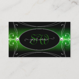 Stylish Black Green Ornate Sparkle Jewels Initials Business Card