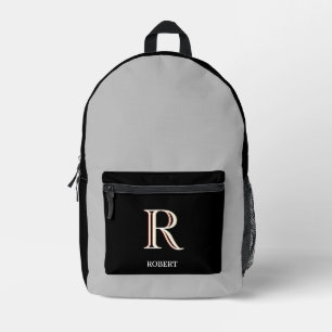 Stylish Black Grey Custom Monogram Name Printed Backpack