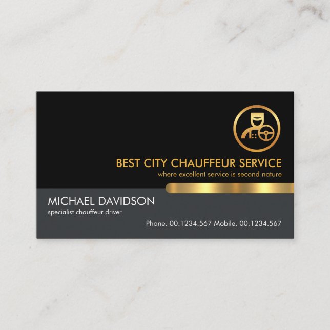 Stylish Black Grey Layer Gold Tab Chauffeur Driver Business Card (Front)