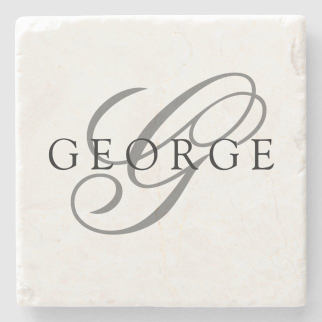 Stylish Black Grey Monogram Initial Script Name Stone Coaster (Front)