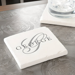 Stylish Black Grey Monogram Initial Script Name Stone Coaster