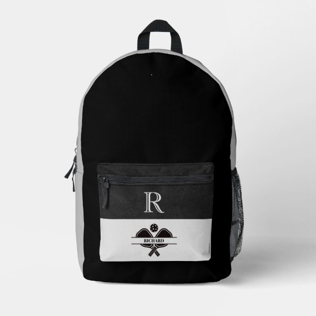 Stylish Black Grey Pickleball Design Monogram Name Printed Backpack (Front)