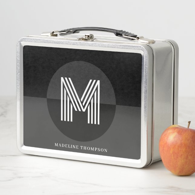 Stylish Black Grey White Geometric Modern Monogram Metal Lunch Box (In Situ)