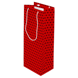 Stylish Black Hearts Pattern On Beautiful Red Wine Gift Bag