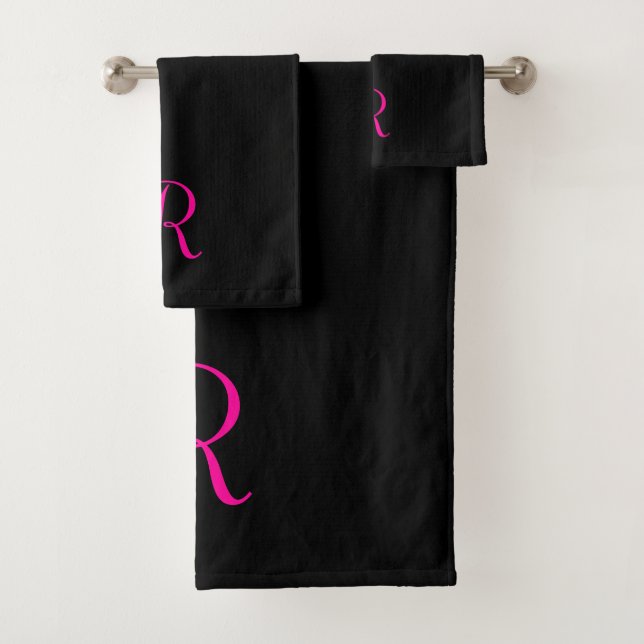 Stylish Black Hot Pink Dripping Glitter Monogram Bath Towel Set (Insitu)