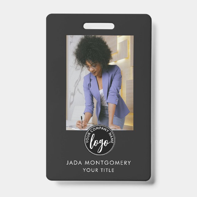 Stylish Black ID Card Modern Minimalist Photo Logo Badge (Front)