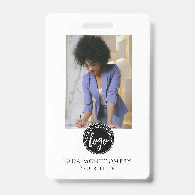 Stylish Black ID Card Modern Minimalist Photo Logo Badge (Front)