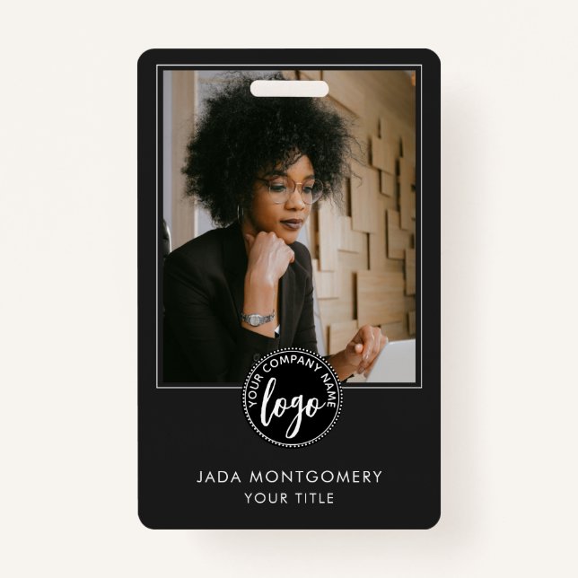 Stylish Black ID Card Modern Minimalist Photo Logo ID Badge (Front)