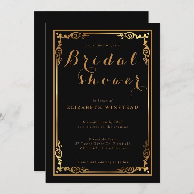 Stylish black invite for a luxe bridal shower (Front/Back)