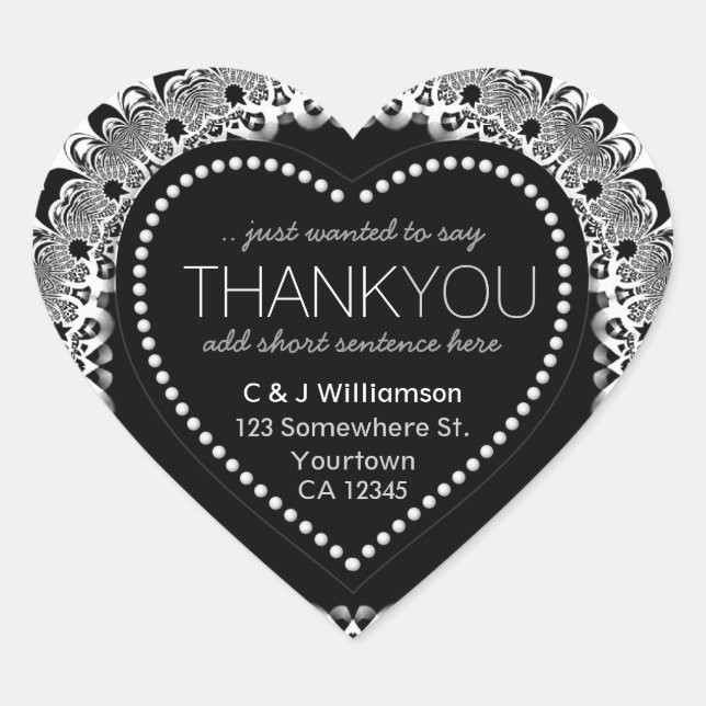 Stylish Black Lacy Thank You Heart Sticker (Front)