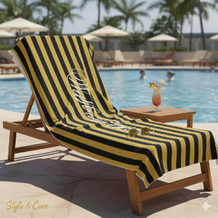 Stylish Black M Gold Striped Towel Add Your Name
