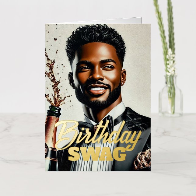 Stylish Black Man Champagne Luxury Birthday Card (Flower)