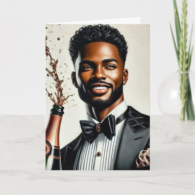 Stylish Black Man Champagne Luxury Birthday Card (Front)