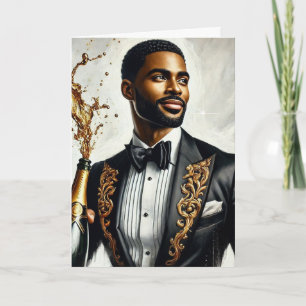 Stylish Black Man Champagne Luxury Birthday Card