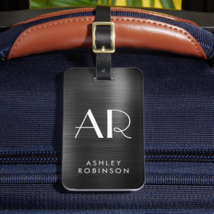 Stylish Black Metal Two Monogram Initial Luggage Tag