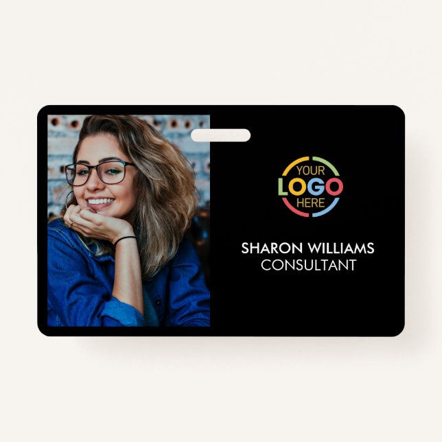 Stylish Black Minimalist Company Employee Photo ID ID Badge (Front)