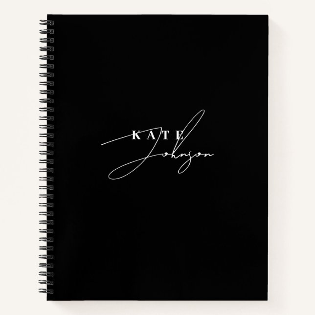 Stylish Black Modern Signature Script Monogram Notebook (Front)