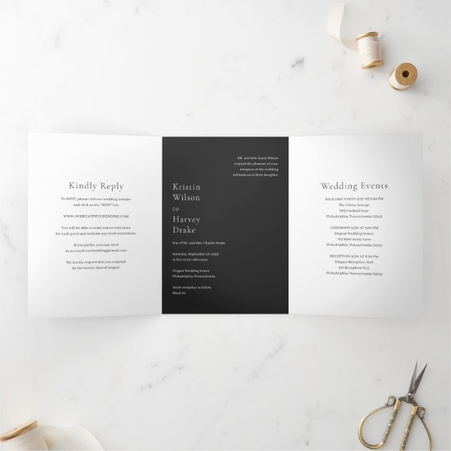 Stylish Black Modern Wedding Tri-Fold Invitation (Inside)