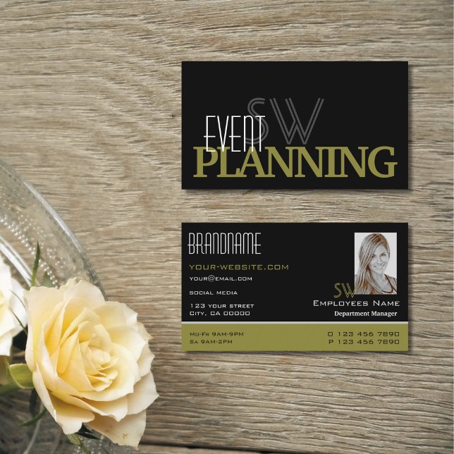 Stylish Black Olive Green Monogram and Photo Business Card (Creator Uploaded)