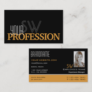 Stylish Black Orange Simple Monogram and Photo Business Card