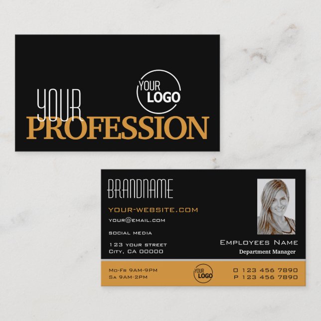 Stylish Black Orange Simple with Logo and Photo Business Card (Front/Back)