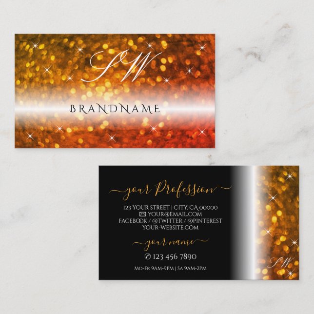 Stylish Black Orange Sparkling Glitter Initials Business Card (Front/Back)