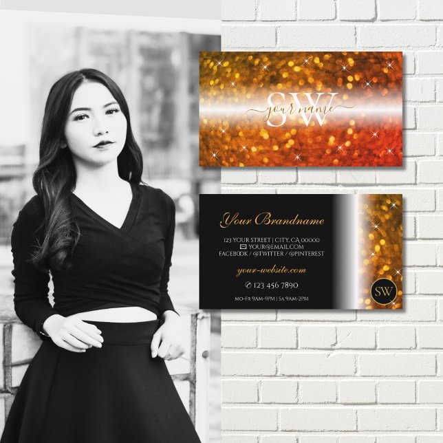 Stylish Black Orange Sparkling Glitter Monogram Business Card (Creator Uploaded)