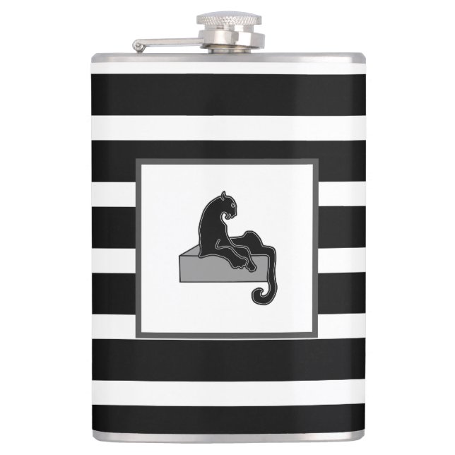 Stylish Black Panther Cat White Modern Hip Flask (Front)