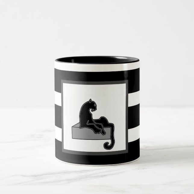 Stylish Black Panther Cat White Modern Two-Tone Coffee Mug (Center)