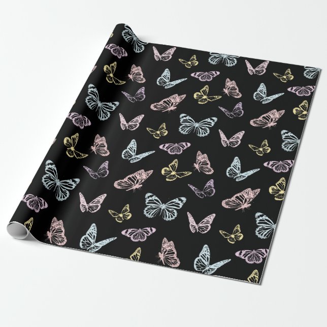 Stylish Black Pastel Pink Blue Butterfly Pattern Wrapping Paper (Unrolled)