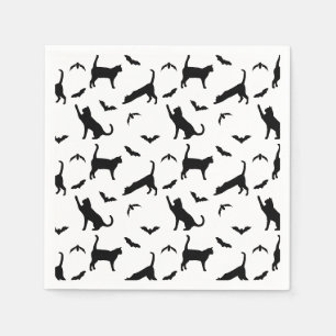 Stylish Black Pattern Of Cats And Bats Halloween Napkin
