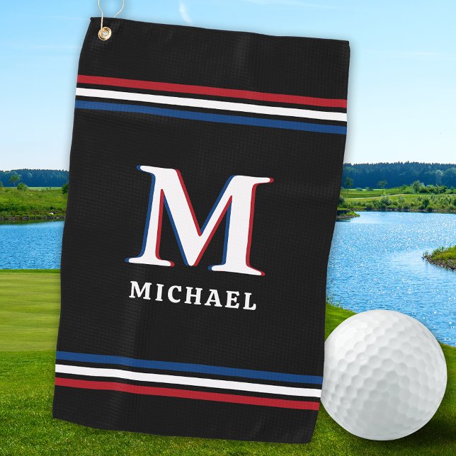 Stylish Black Personalised Monogram Sporty Stripes Golf Towel (Creator Uploaded)