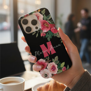 Stylish Black & Pink Floral Watercolor Custom Name iPhone 15 Pro Case