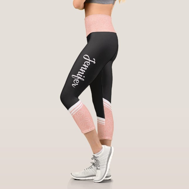 Stylish black & pink floral white stripes and name capri leggings (Left)