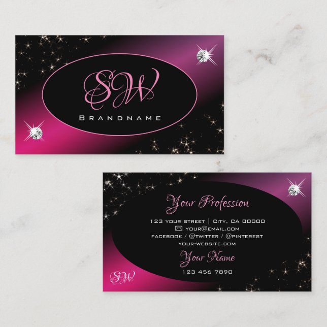 Stylish Black Pink Glitter Stars Diamonds Initials Business Card (Front/Back)
