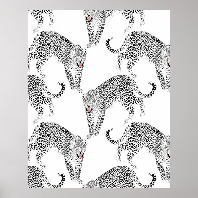 Stylish Black & Pink Leopard Animal White Design Poster (Front)