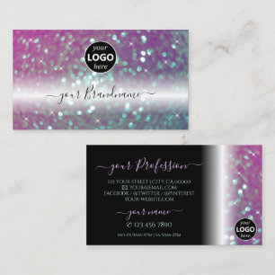 Stylish Black Pink Teal Sparkling Glitter Add Logo Business Card