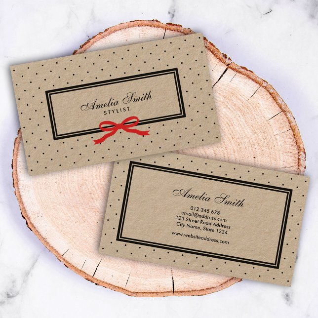 Stylish Black Polka Dot and Red Ribbon Kraft Business Card (Creator Uploaded)