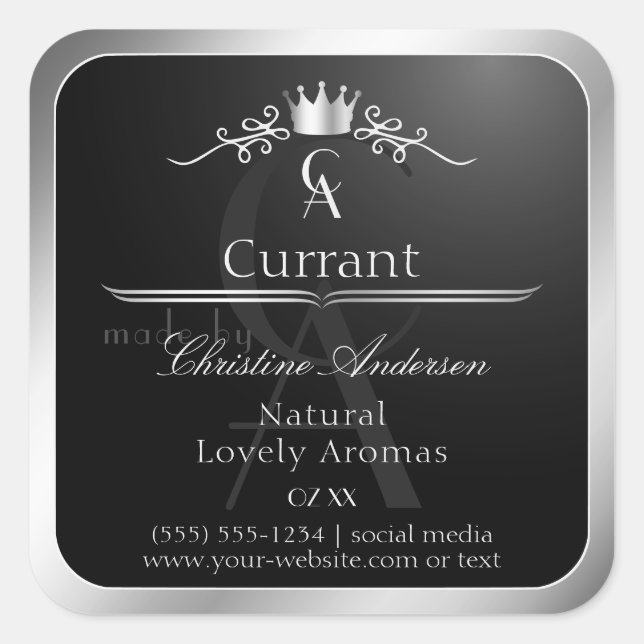 Stylish Black Product Label Silver Frame Monogram (Front)