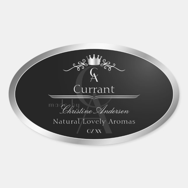 Stylish Black Product Label Silver Frame Monogram (Front)