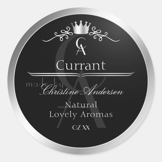 Stylish Black Product Label Silver Frame Monogram (Front)