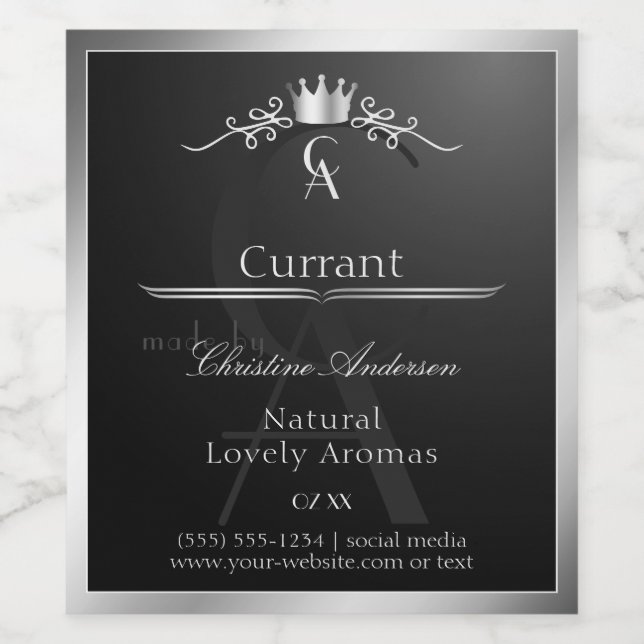 Stylish Black Product Label Silver Frame Monogram (Single Label)