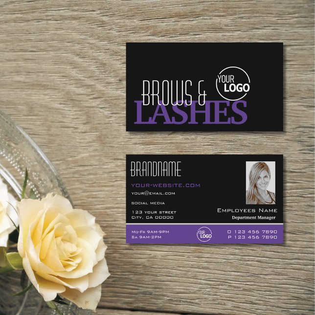 Stylish Black Purple Simple with Logo and Photo Business Card (Creator Uploaded)