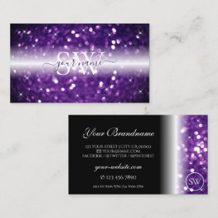 Stylish Black Purple Sparkling Glitter Monogram Business Card