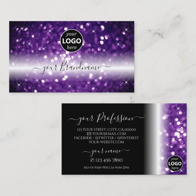 Stylish Black Purple Sparkling Glitter with Logo Business Card (Front/Back)