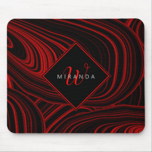 Stylish Black Red Monogrammed Abstract Pattern Mouse Mat